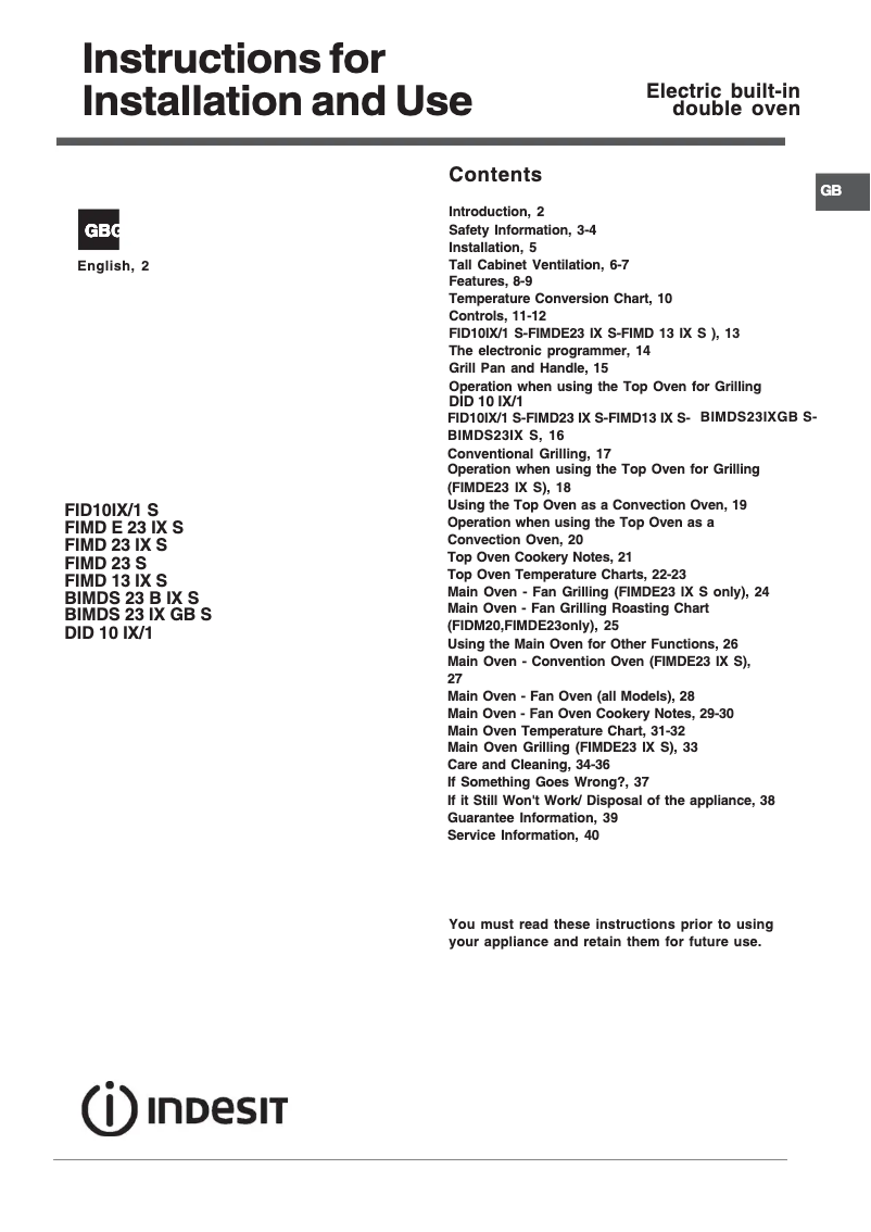 Page 1 de la notice Instructions / montage Indesit FIMD E 23 IX S