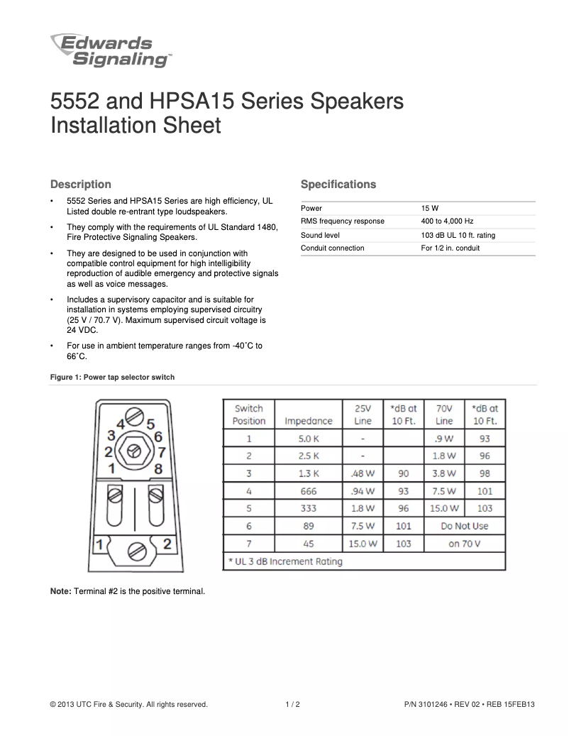 Page n°1 - Manuel utilisateur Edwards Signaling 5552-15W-R