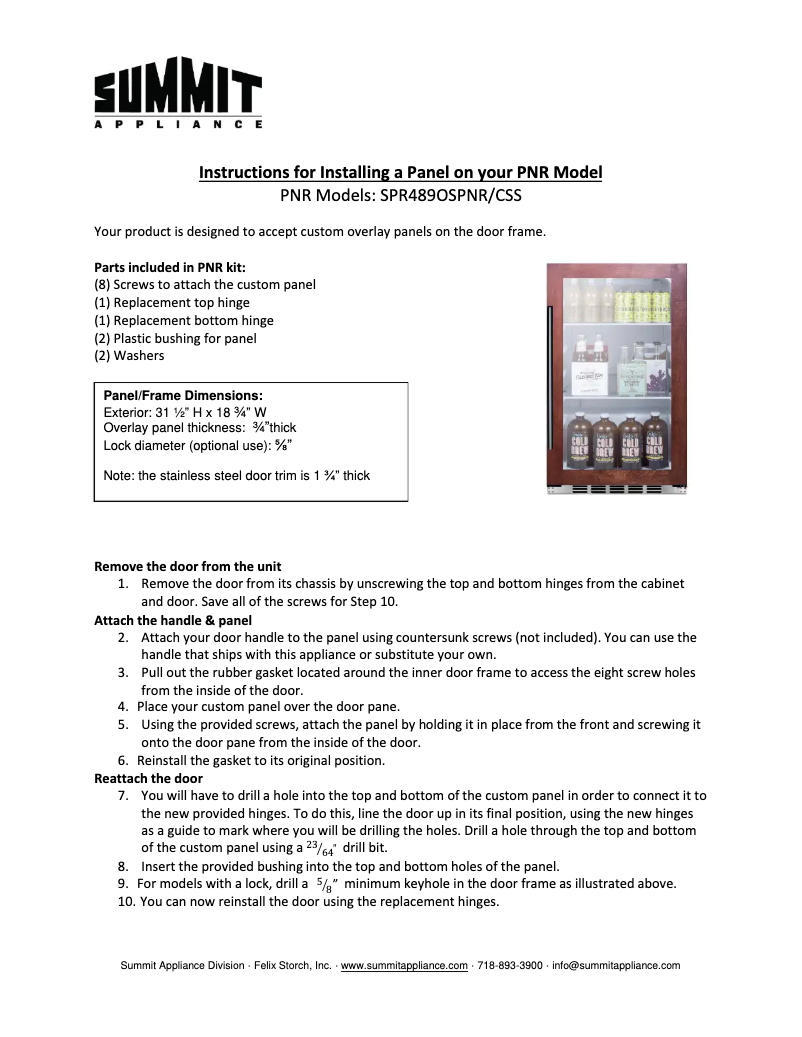 Page n°1 - Guide d'installation Summit SPR489OSPNR