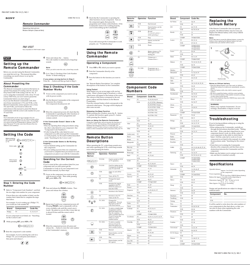 Image de la première page du manuel de l'appareil RM-V50T