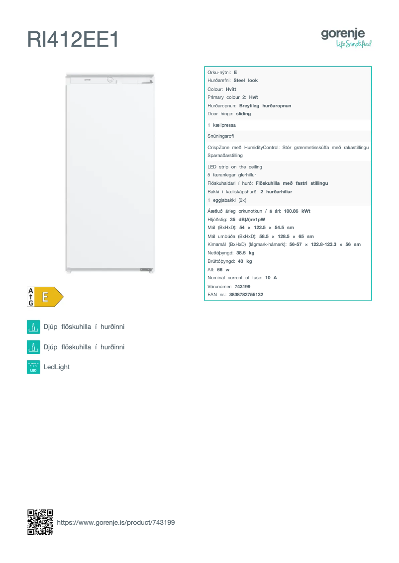 Página 1 del manual Ficha técnica Gorenje RI412EE1
