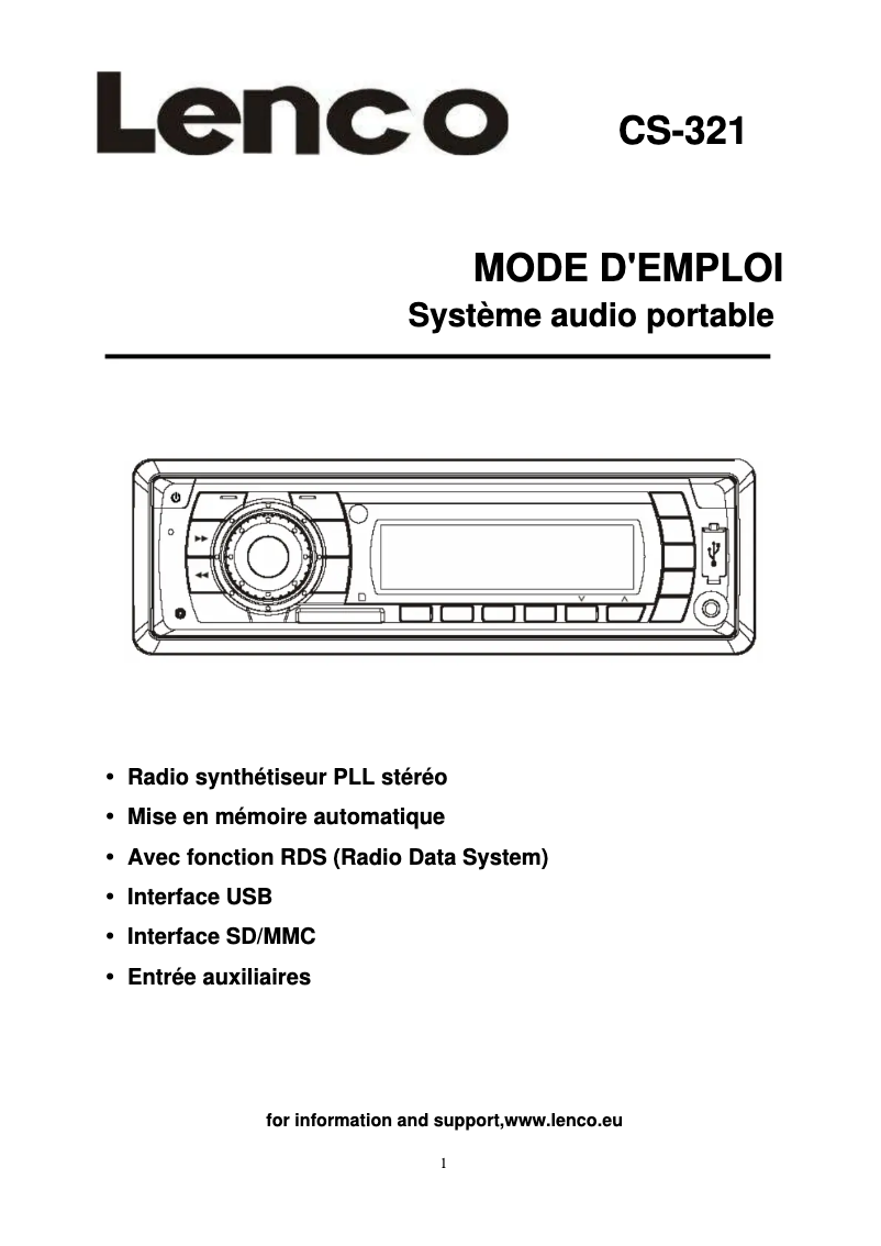 Page n°1 - Manuel utilisateur Lenco CS-321