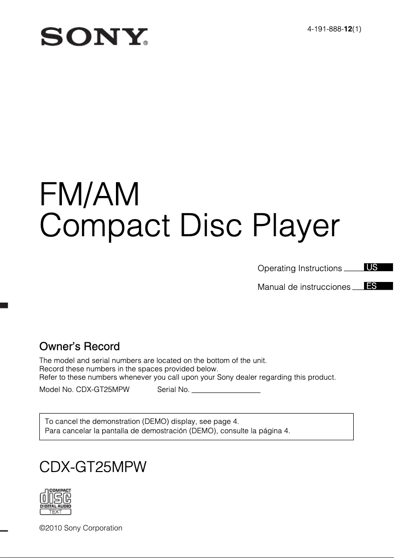 Page n°1 - Manuel utilisateur Sony CDX-GT25MPW