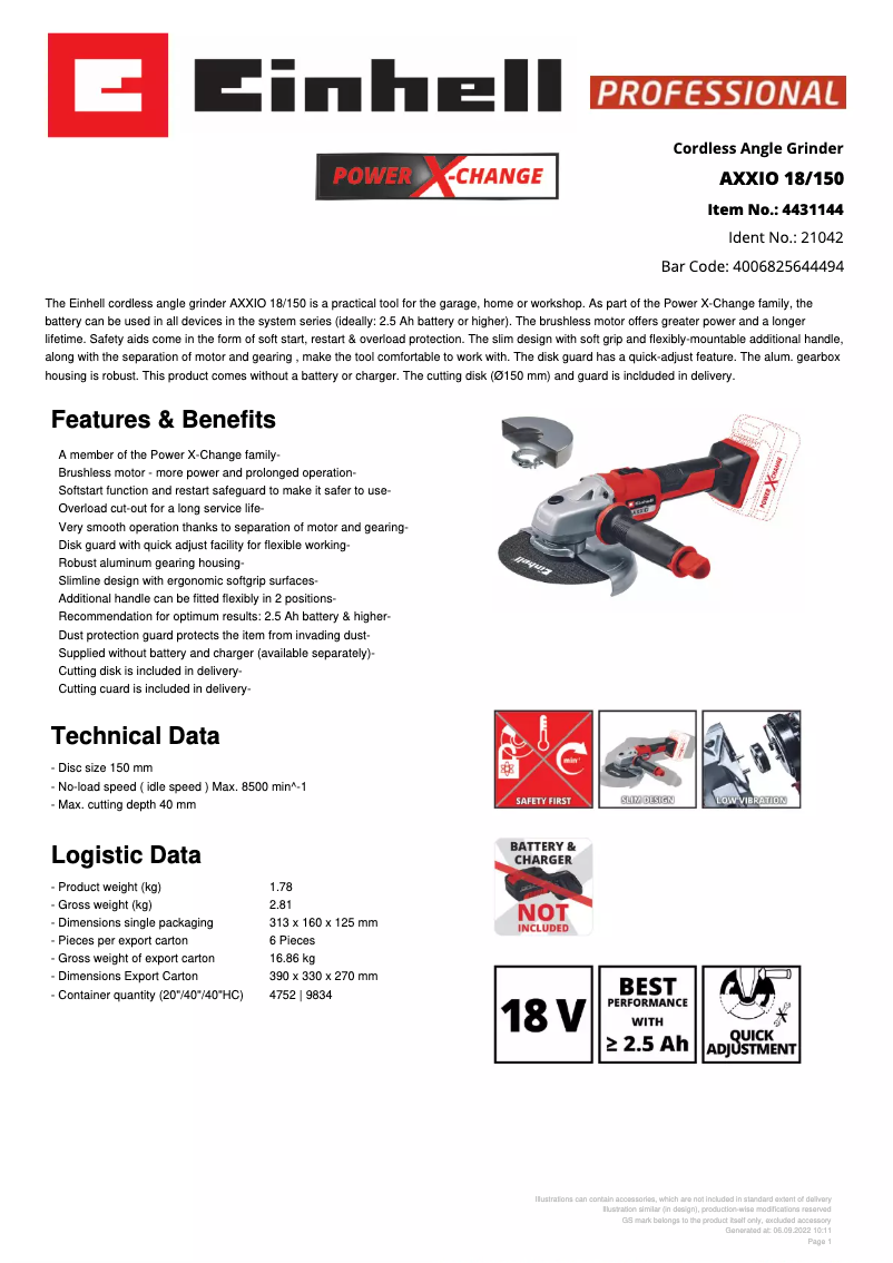 Page 1 de la notice Fiche technique Einhell AXXIO 18/150