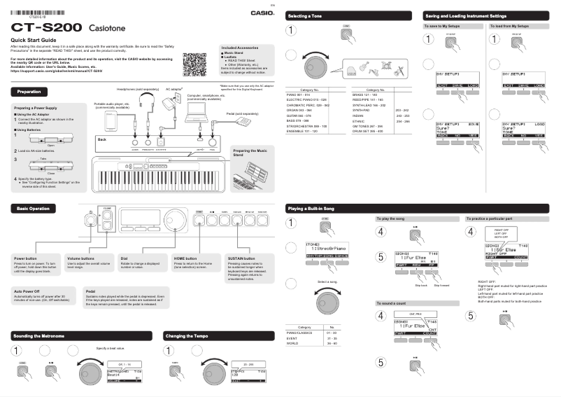 Page 1 de la notice Guide de démarrage rapide Casio Casiotone CT-S200