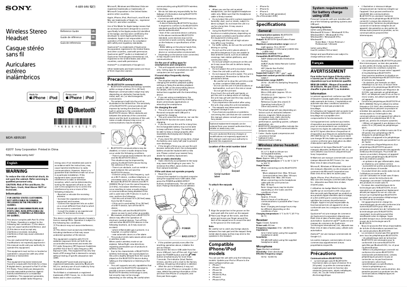 Page 1 de la notice Manuel utilisateur Sony MDR-XB950B1