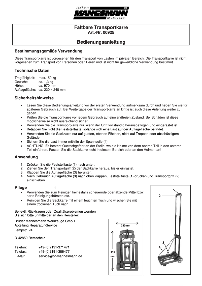 Page 1 de la notice Manuel utilisateur Brüder Mannesmann 00925