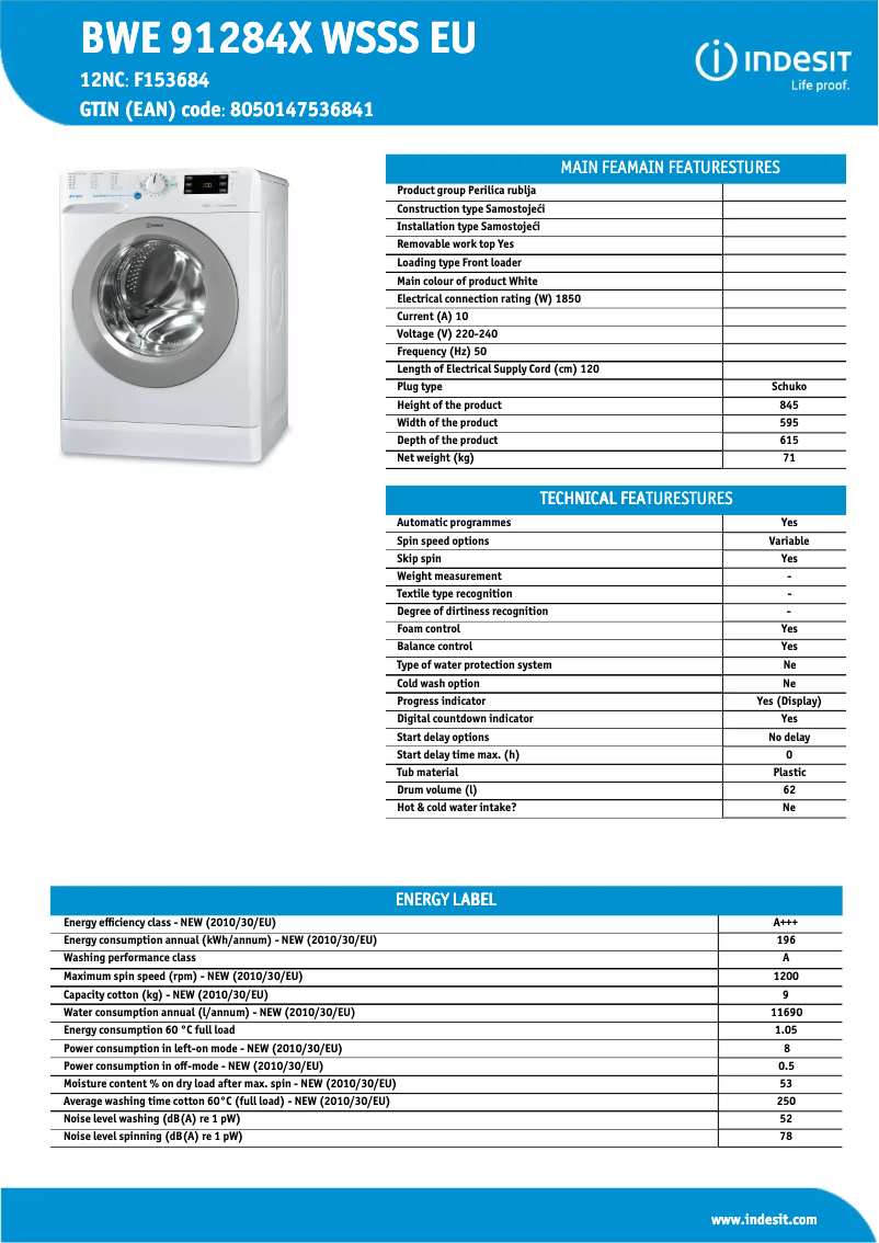Page 1 de la notice Fiche technique Indesit BWE 91284X WSSS EU