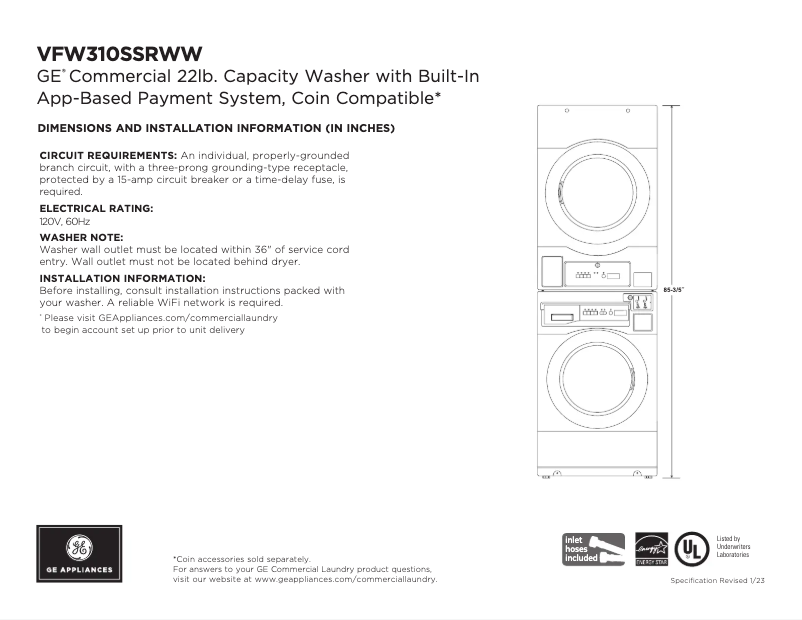Page 1 de la notice Fiche technique GE VFW310SSRWW