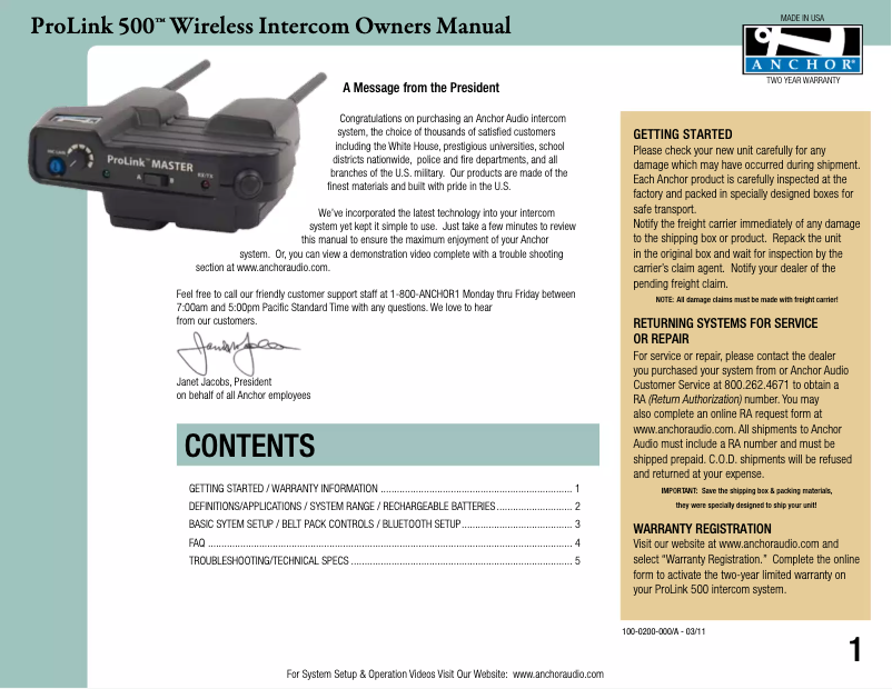 Page 1 de la notice Manuel utilisateur Anchor Audio PRO-570/1D/6S