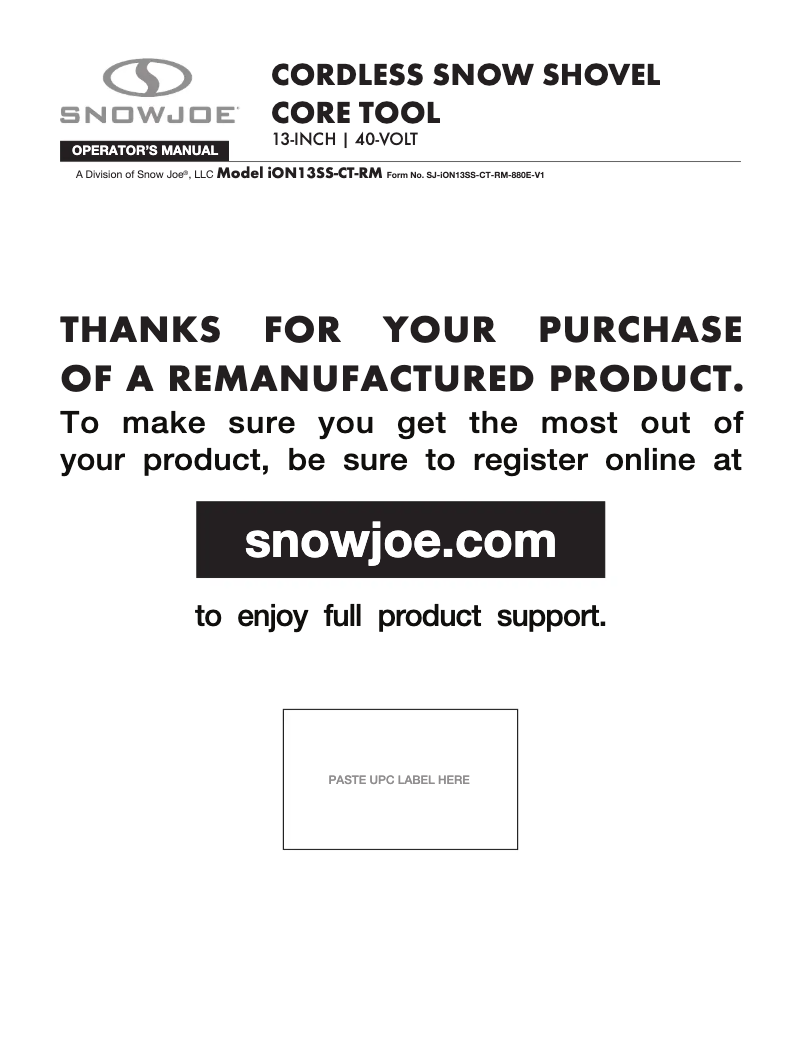Page 1 de la notice Manuel utilisateur Snow Joe ION13SS-CT-RM