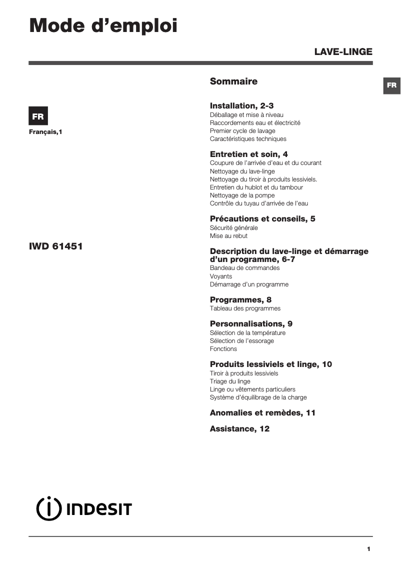 Image de la première page du manuel de l'appareil IWD 61451 C FR