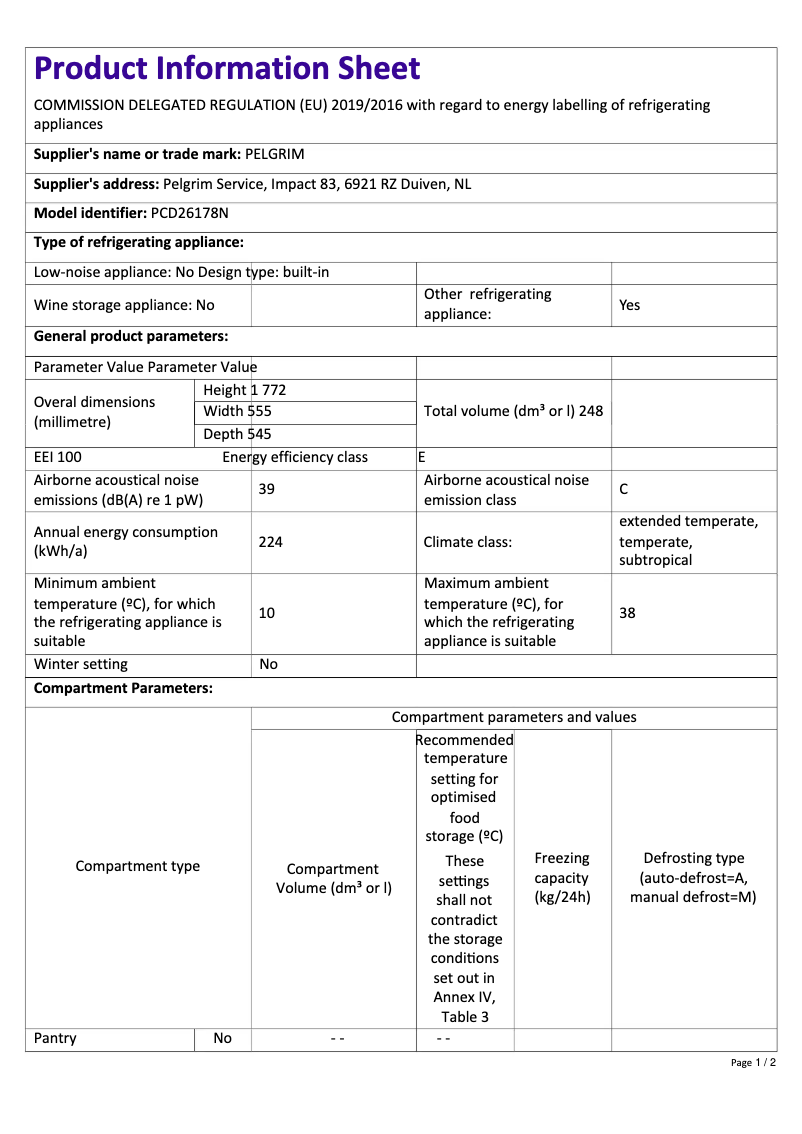 Page 1 de la notice Fiche technique Pelgrim PCD26178N