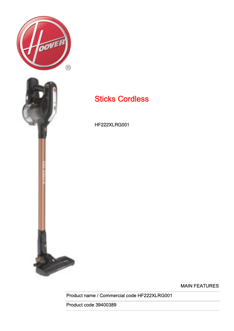 Página 1 del manual Ficha técnica Hoover H-FREE 200 HF222XLRG001