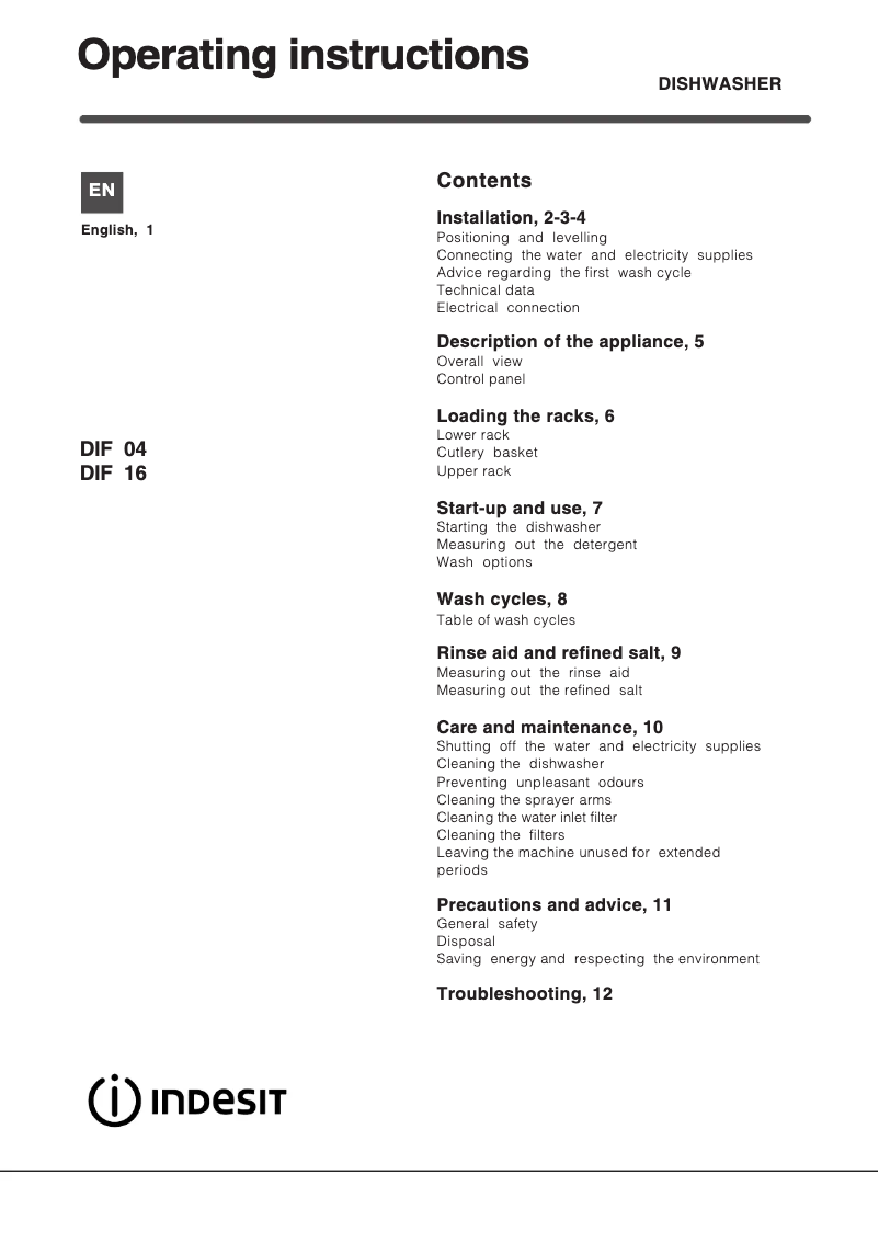 Page 1 de la notice Manuel utilisateur Indesit DIF 16