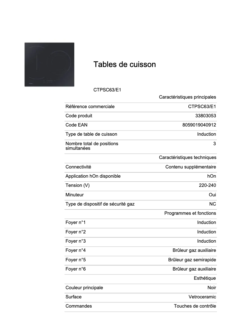 Page 1 de la notice Fiche technique Candy CTPSC63/E1