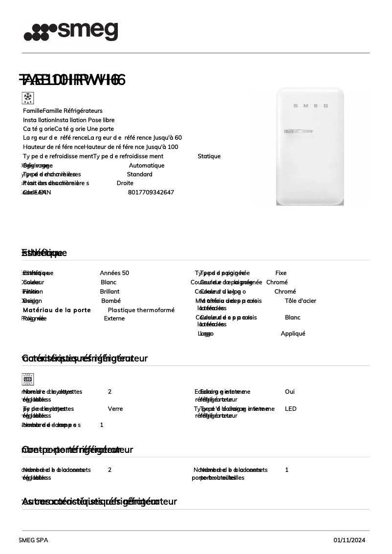 Page 1 de la notice Fiche technique Smeg FAB10HRWH6