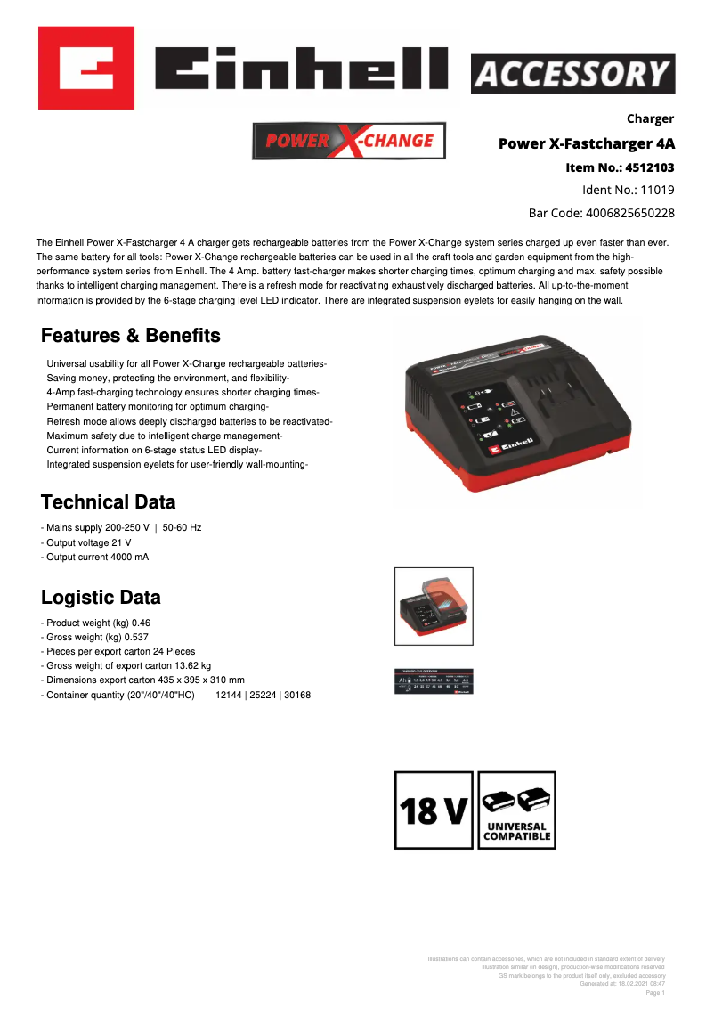 Page n°1 - Fiche technique Einhell Power X-Fastcharger 4A
