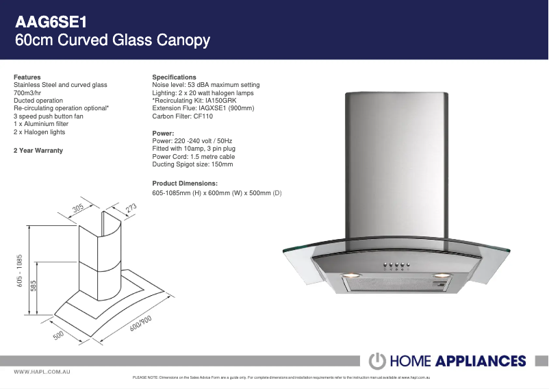 Page 1 de la notice Fiche technique ARC AAG6SE1