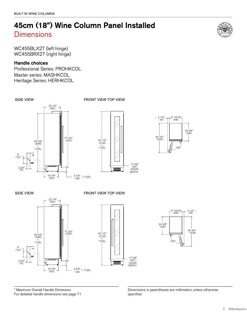 Page 1 de la notice Guide d'installation Bertazzoni WC455BRX2T