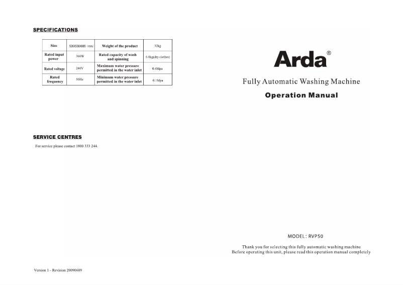 Page n°1 - Manuel utilisateur ARDA RVP50