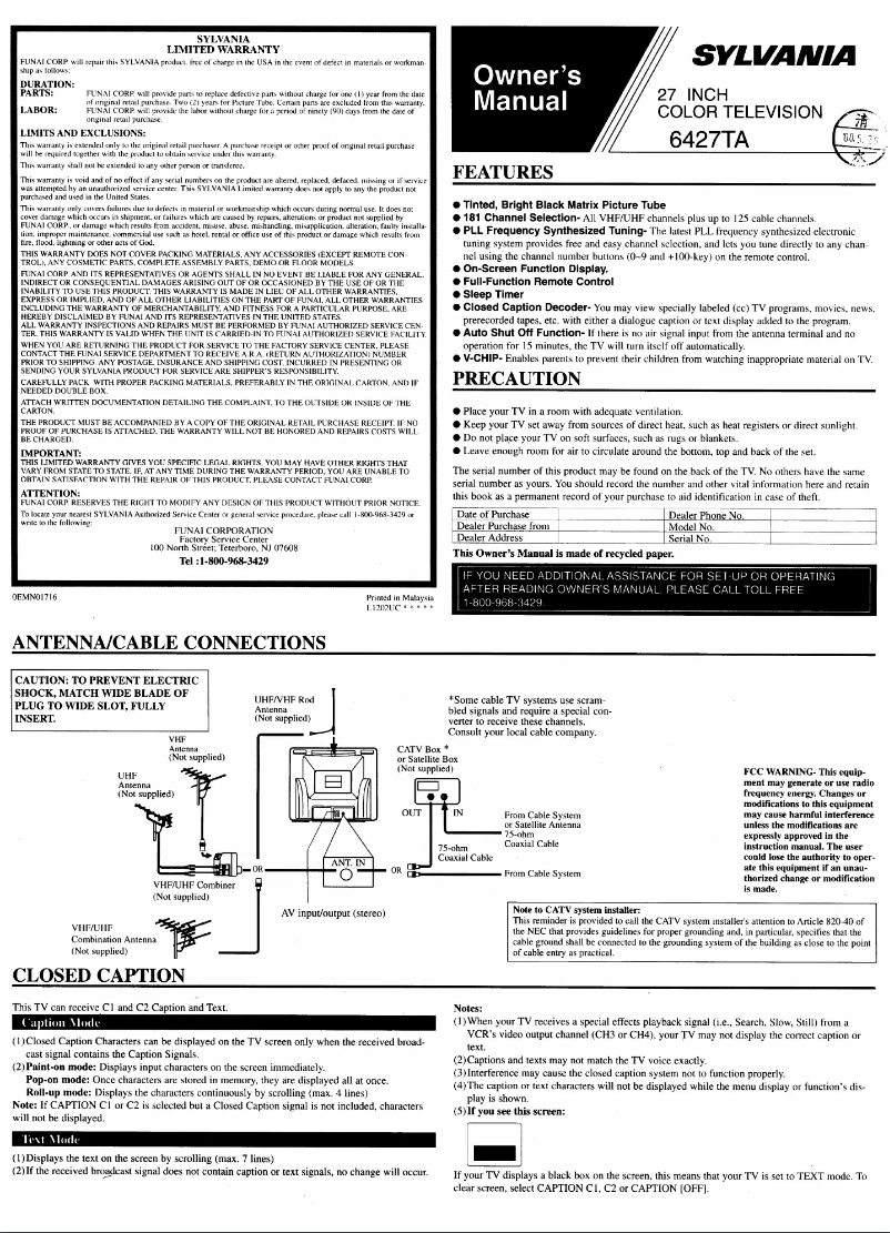Page 1 de la notice Manuel utilisateur Sylvania 6427TA
