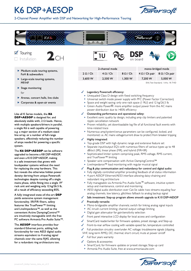 Page 1 de la notice Fiche technique Powersoft K6