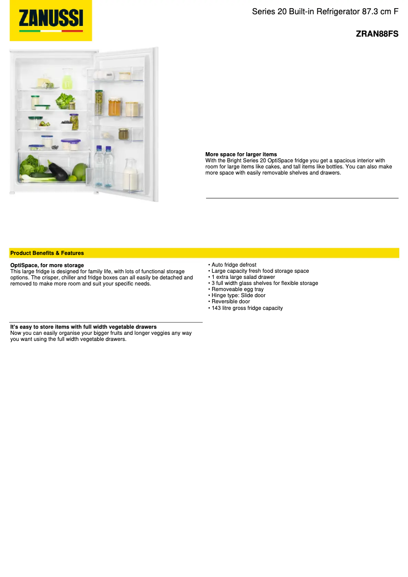 Page n°1 - Fiche technique Zanussi ZRAN88FS