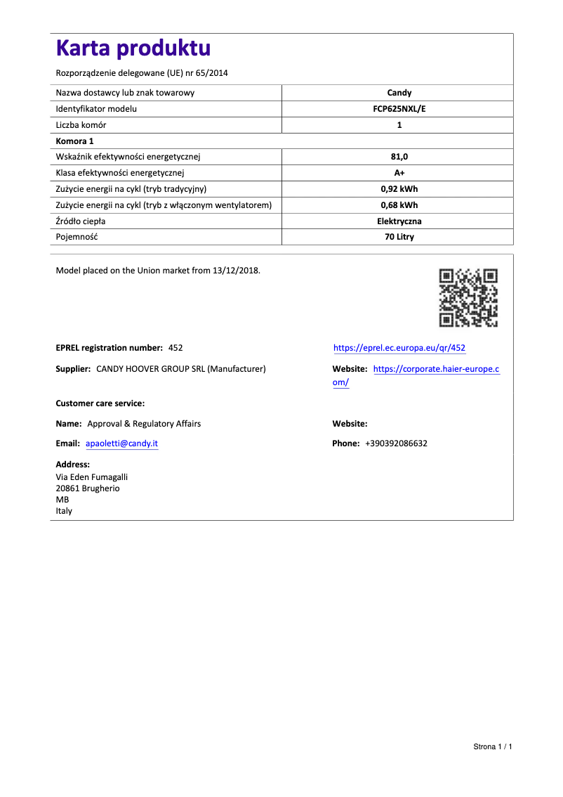 Page 1 de la notice Fiche technique Candy FCP625NXL/E