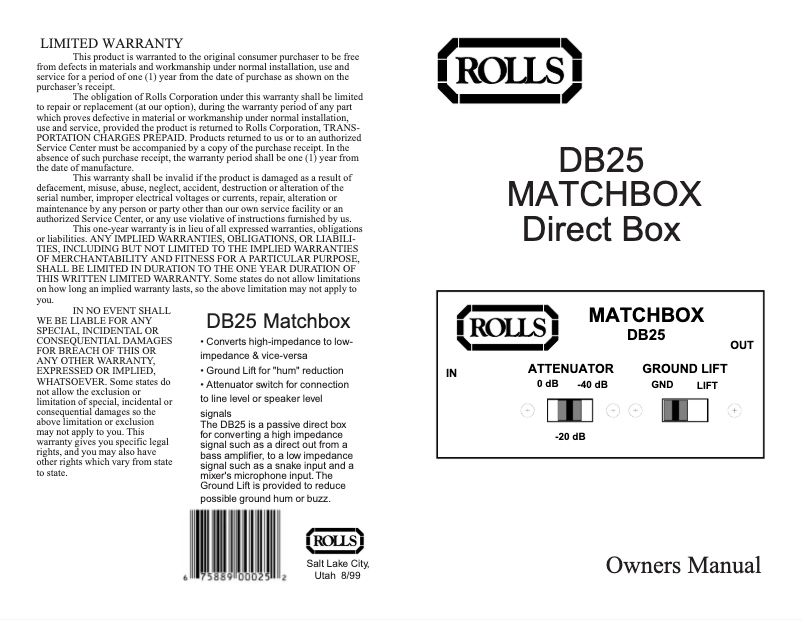 Page 1 de la notice Manuel utilisateur Rolls Matchbox DB25