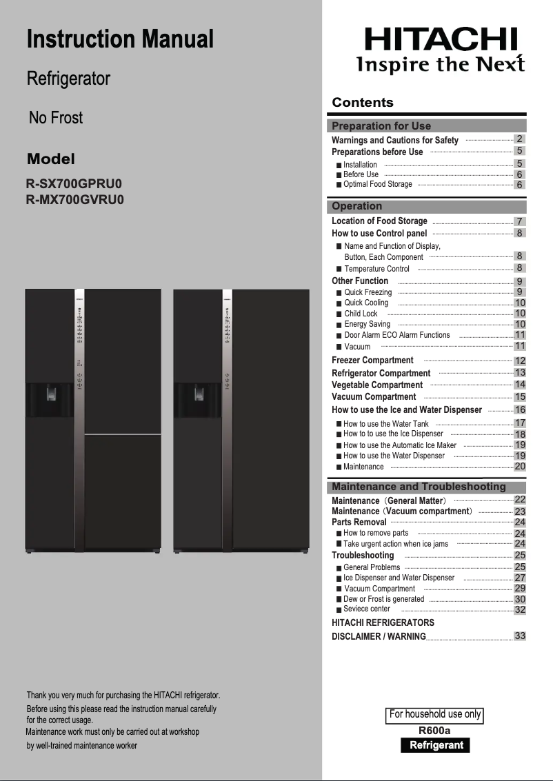 Page 1 de la notice Manuel utilisateur Hitachi R-SX700GPRU0