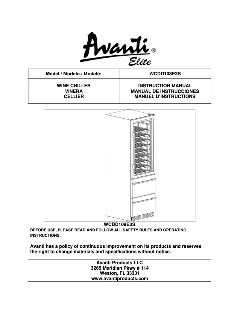 Page 1 de la notice Manuel utilisateur Avanti WCDD108E3S