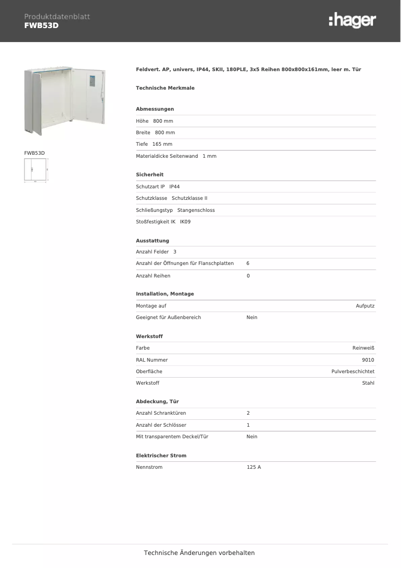 Página 1 del manual Ficha técnica Hager FWB53D