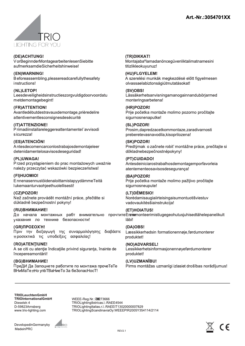 Page 1 de la notice Manuel utilisateur Trio Lighting Carla 305470131