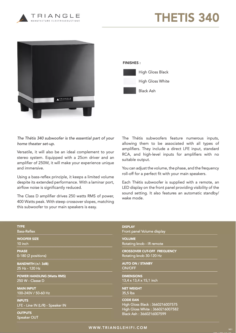 Página 1 del manual Ficha técnica Triangle THETIS 340