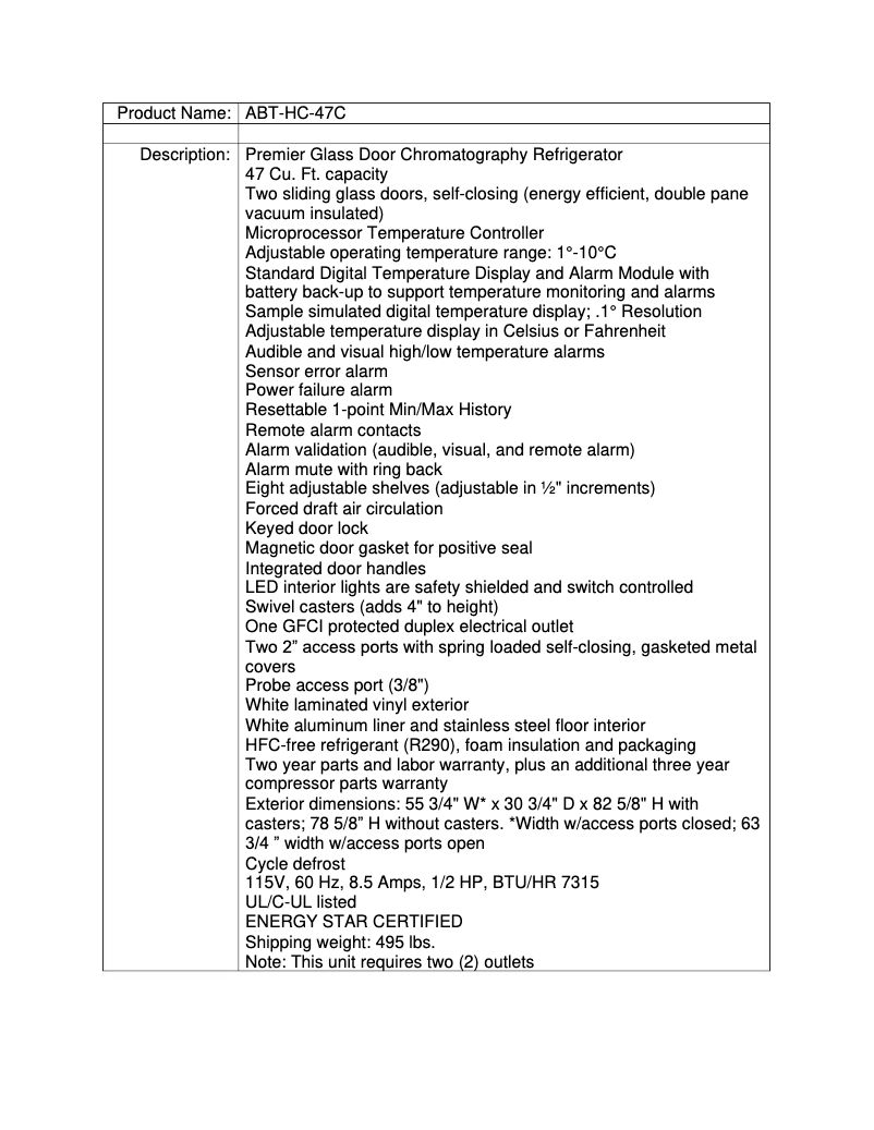 Page 1 de la notice Fiche technique American BioTech Supply ABT-HC-47C