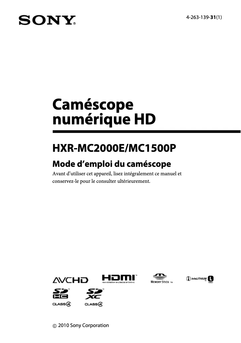 Image de la première page du manuel de l'appareil HXR-MC2500E