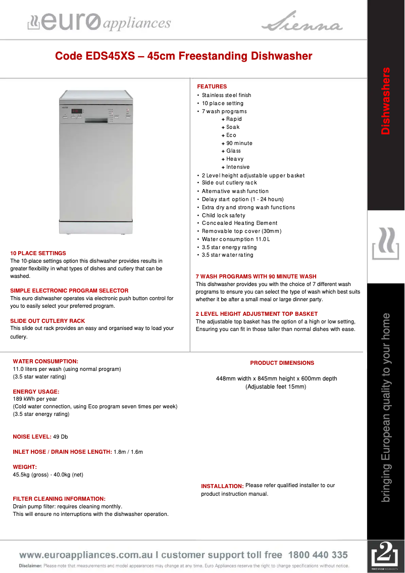 Página 1 del manual Ficha técnica Euro Appliances EDS45XS