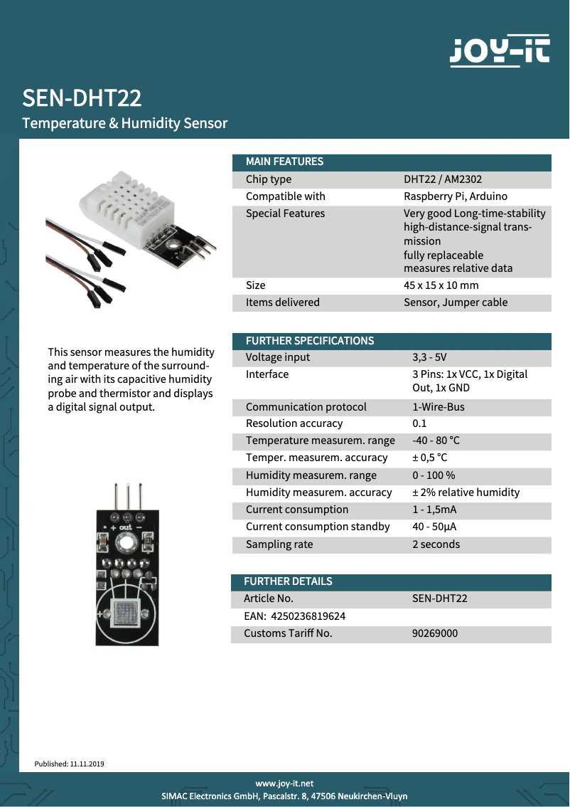 Página 1 del manual Ficha técnica Joy-It SEN-DHT22
