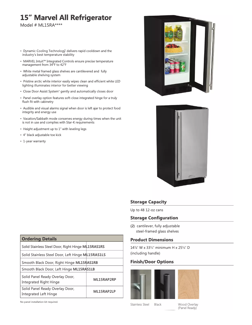Page 1 de la notice Fiche technique Marvel ML15RAS1LB
