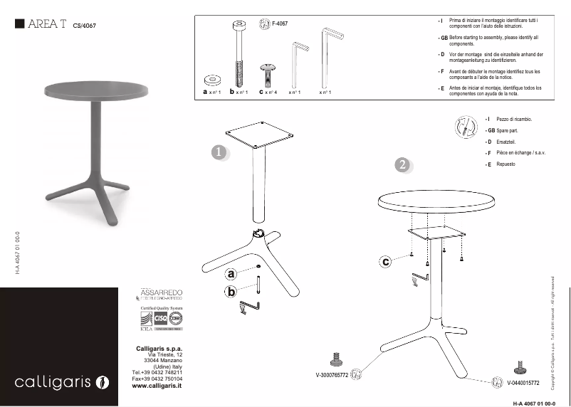 Page n°1 - Manuel utilisateur Calligaris .com AREA T