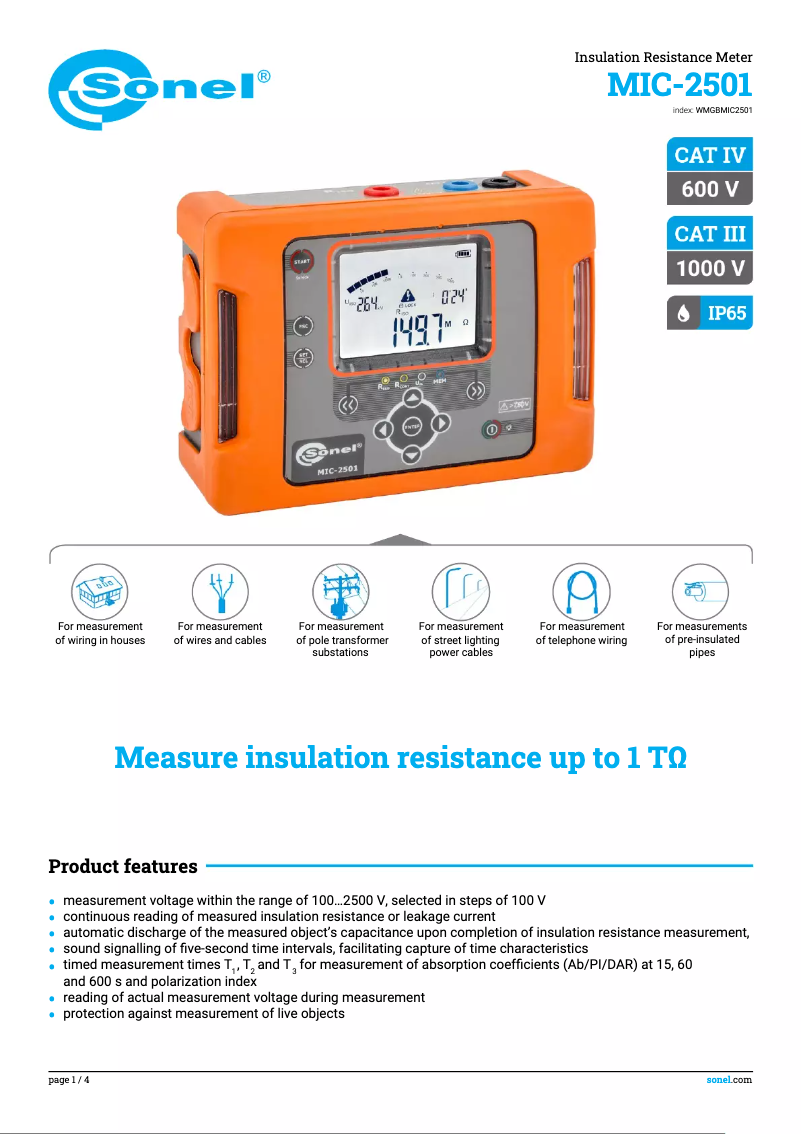 Página 1 del manual Ficha técnica Sonel MIC-2501