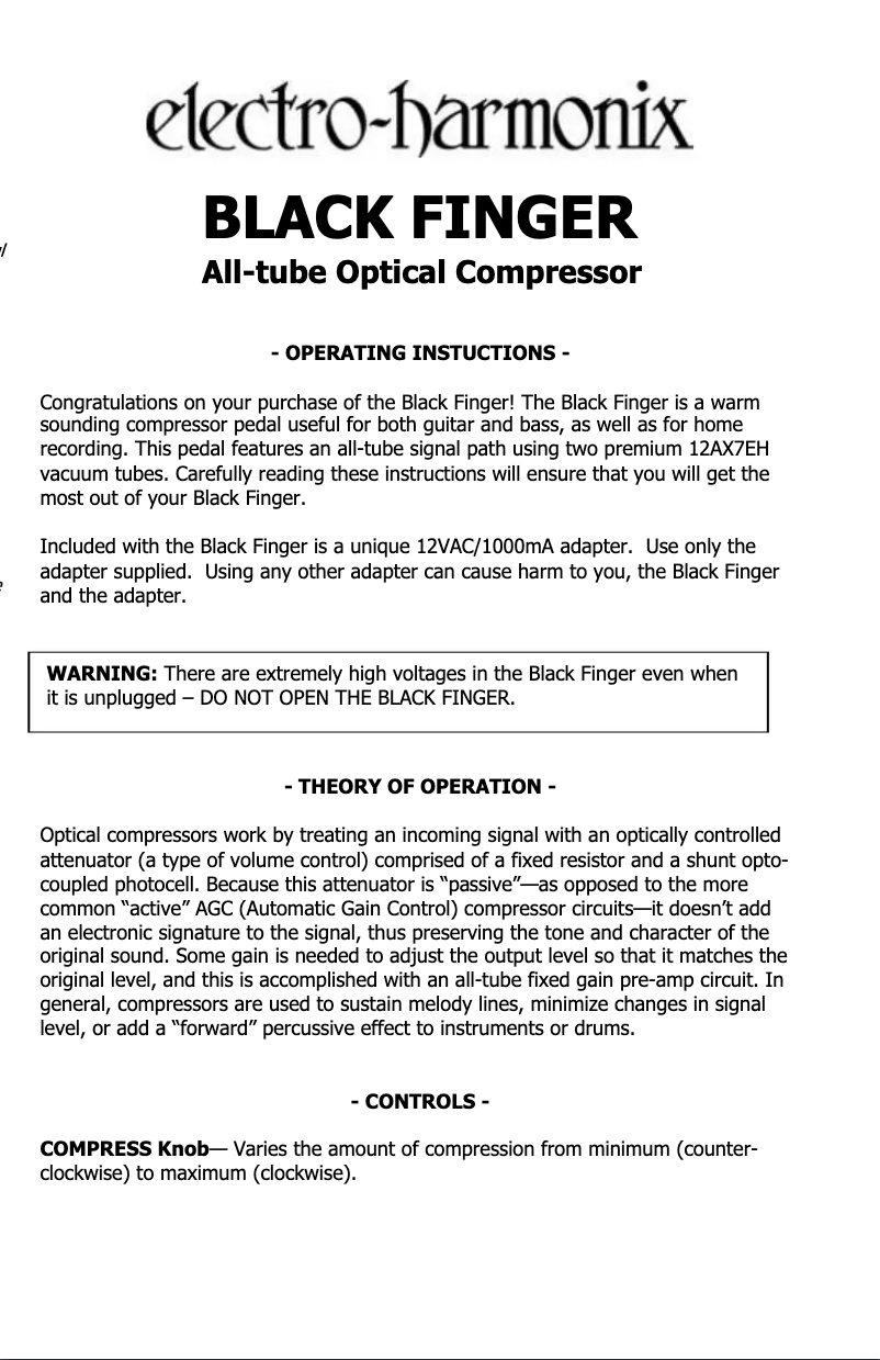 Page 1 de la notice Manuel utilisateur Electro Harmonix Black Finger