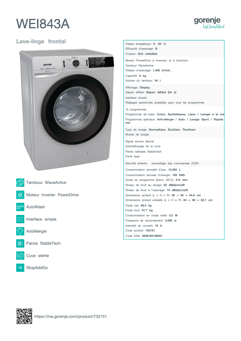 Page 1 de la notice Fiche technique Gorenje WEI843A