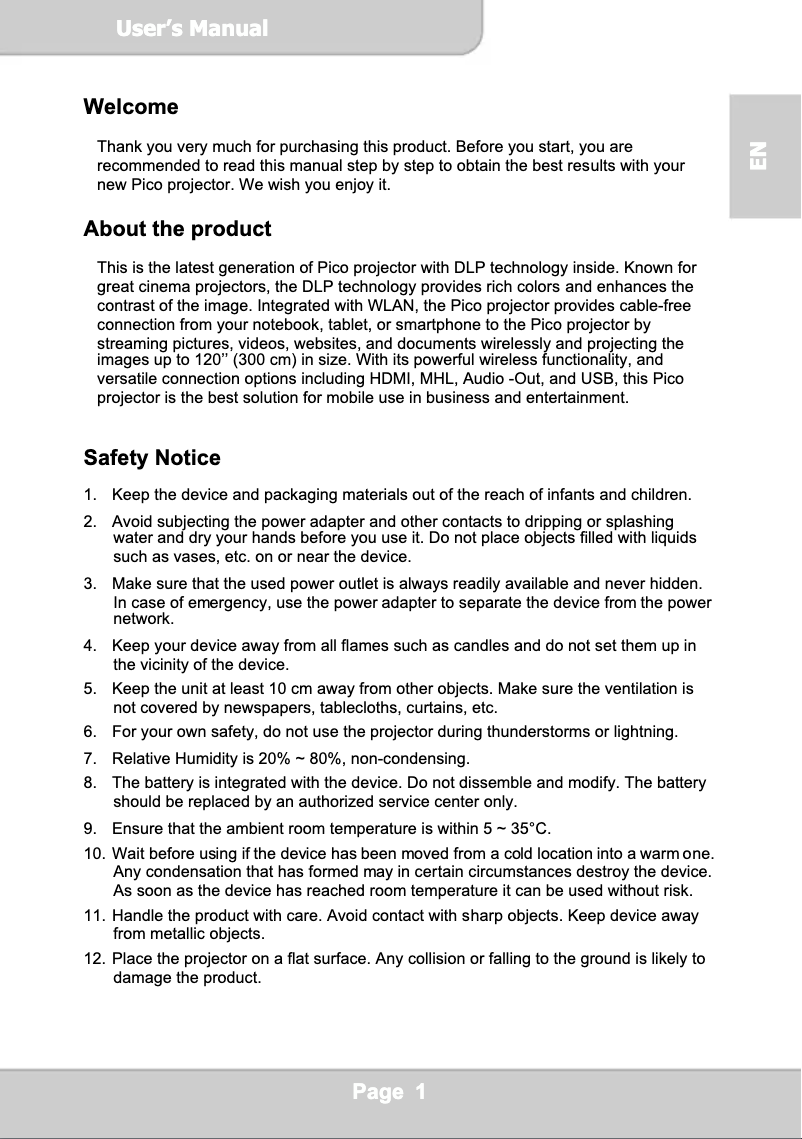 Page 1 de la notice Manuel utilisateur Aiptek PocketCinema A100W