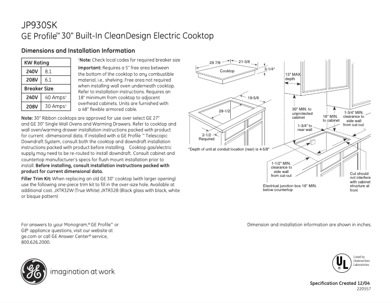 Page 1 of the manual Technical Sheet GE Profile JP930SKSS