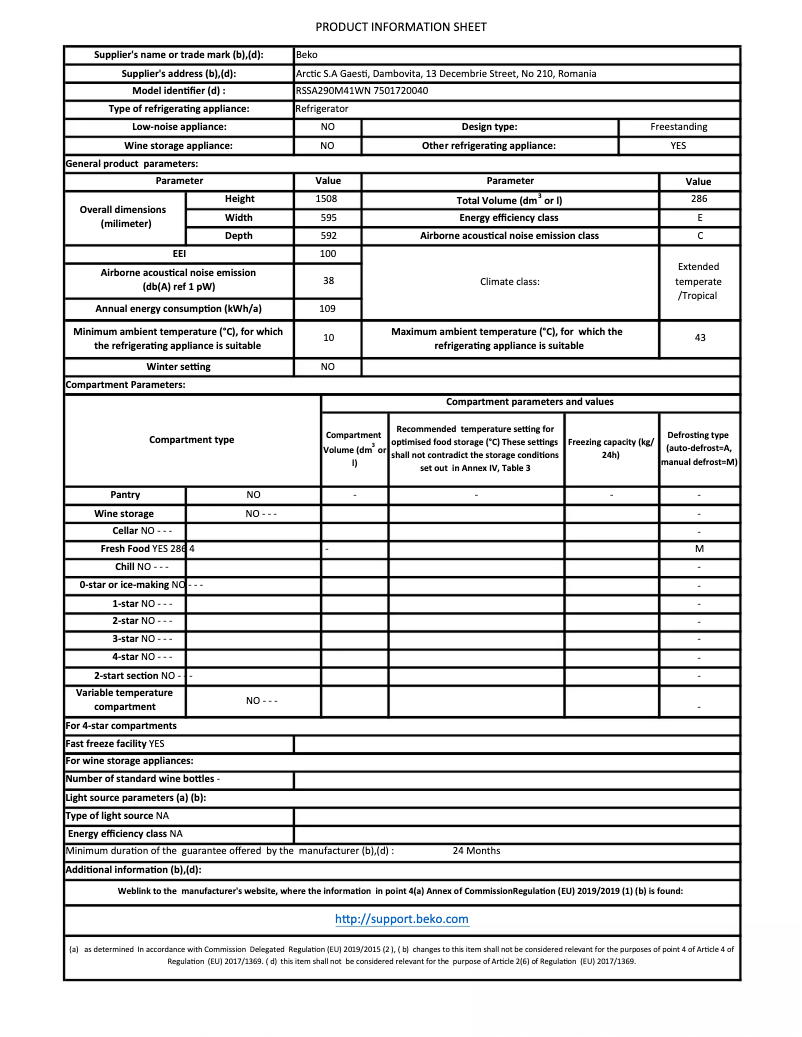 Page 1 de la notice Fiche technique Beko RSSA290M41WN