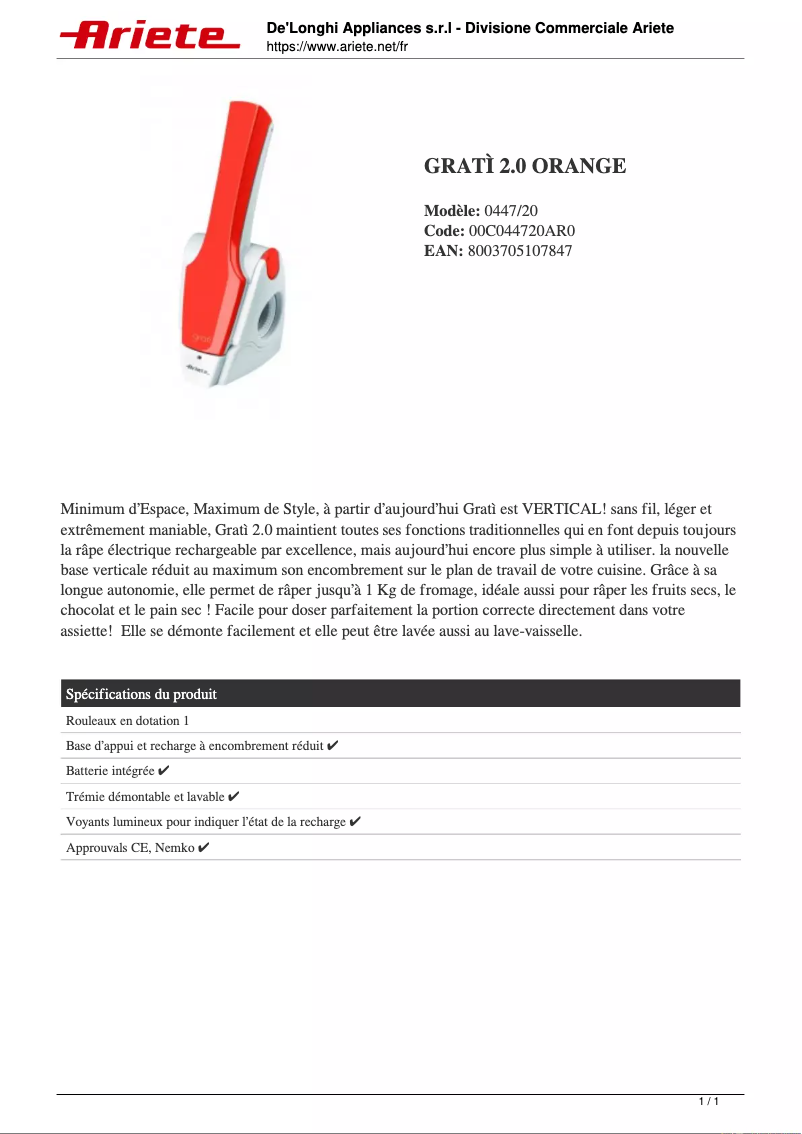Page n°1 - Fiche technique Ariete Gratì 2.0