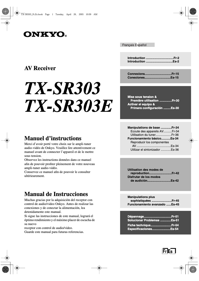 Page 1 de la notice Manuel utilisateur Onkyo TX-SR303E