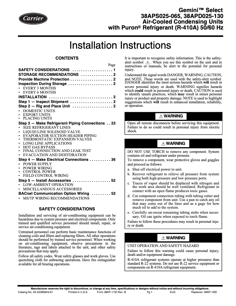 Page n°1 - Manuel utilisateur Carrier Gemini Select 38APS025-065
